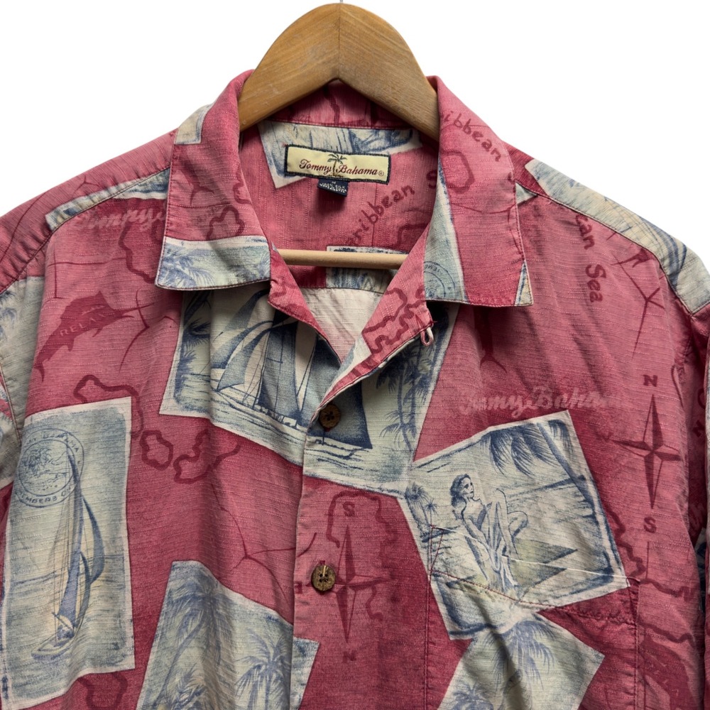 Tommy Bahama Mens Sz Medium Red Nautical Post Card Map Caribbean Silk Camp Shirt